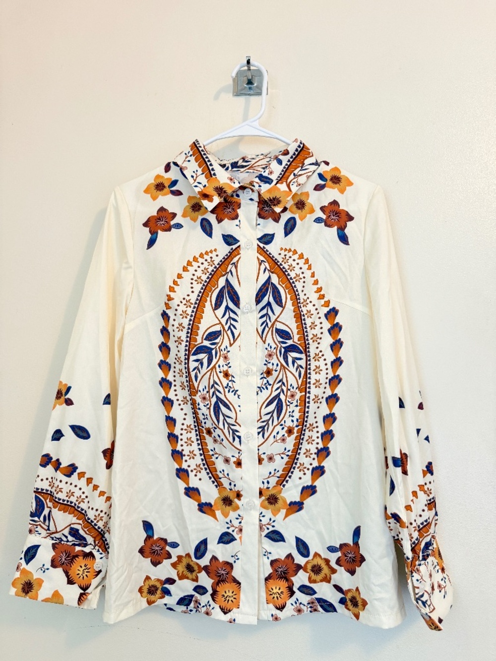 Boho Floral Button-Up Blouse Size M | Cream Orange Blue Long Sleeve Shirt